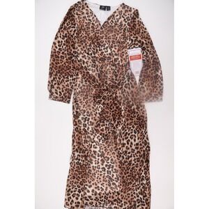 Studio EY Leopard Print Faux Wrap Midi Dress Large Brown Chiffon Party Evening